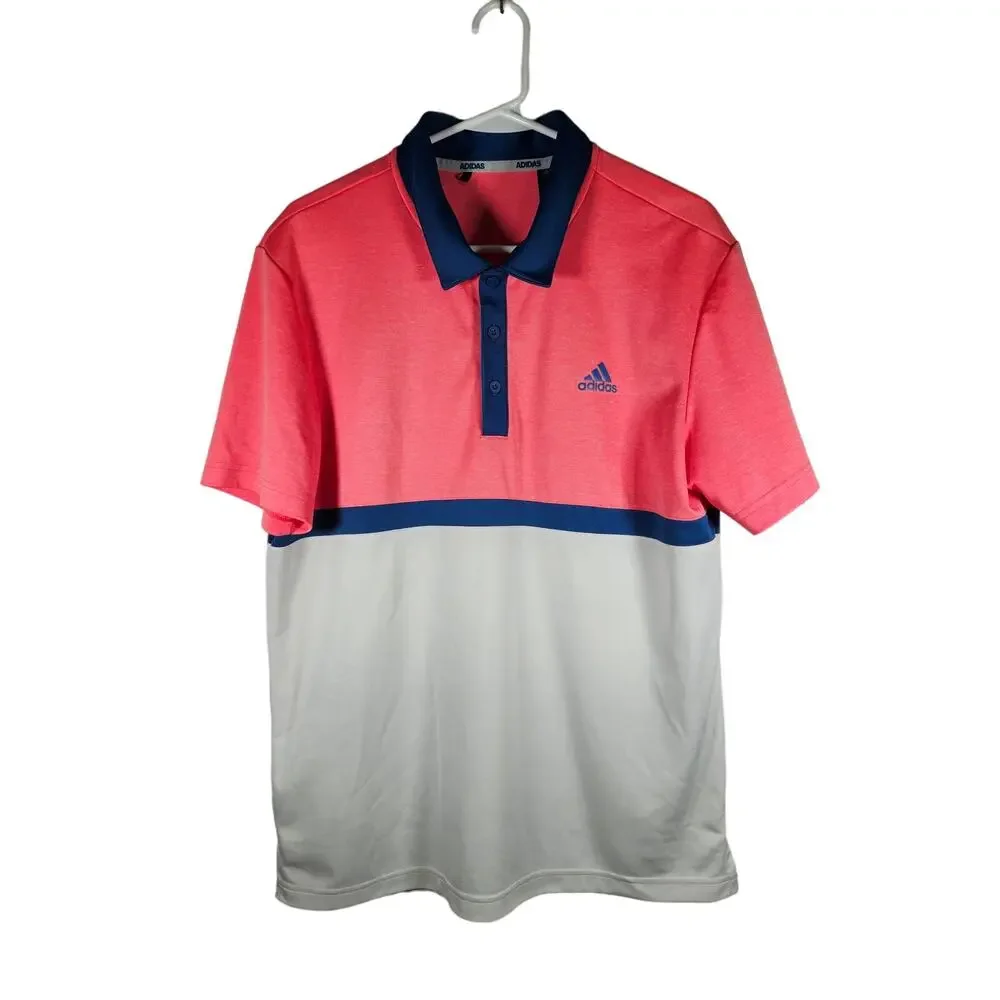 Adidas Men's Short Sleeve Polo Shirt Size Medium Blue Pink White Stripe Logo